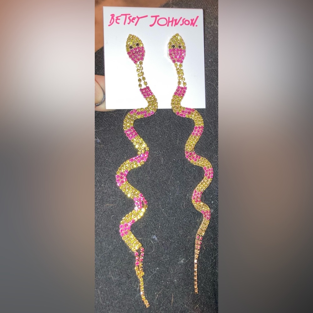 BETSEY JOHNSON Crystal Encrusted Pink & Yellow-Green Snake Dangle Earrings NWT